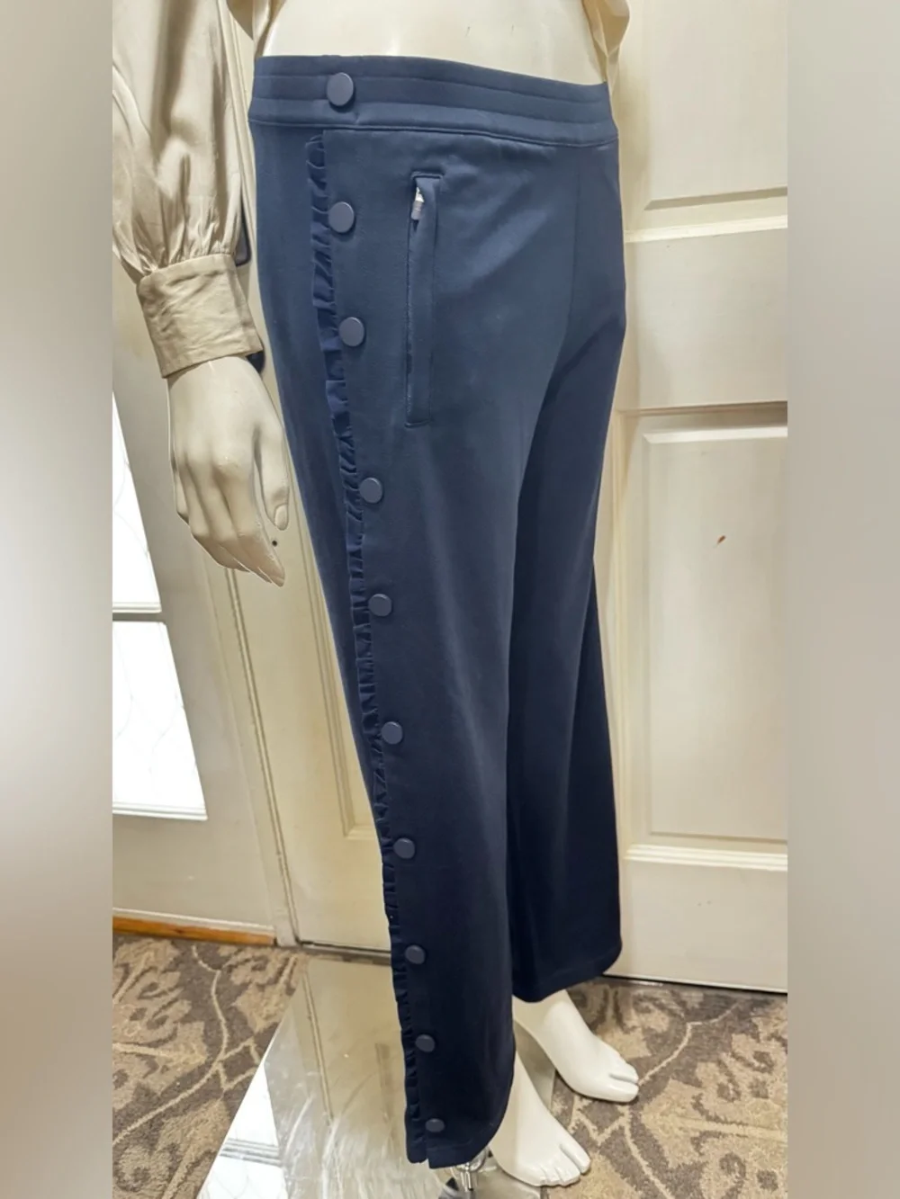 Tory Burch Women’s Navy Wide-Leg Button-Trim Pants Size Small